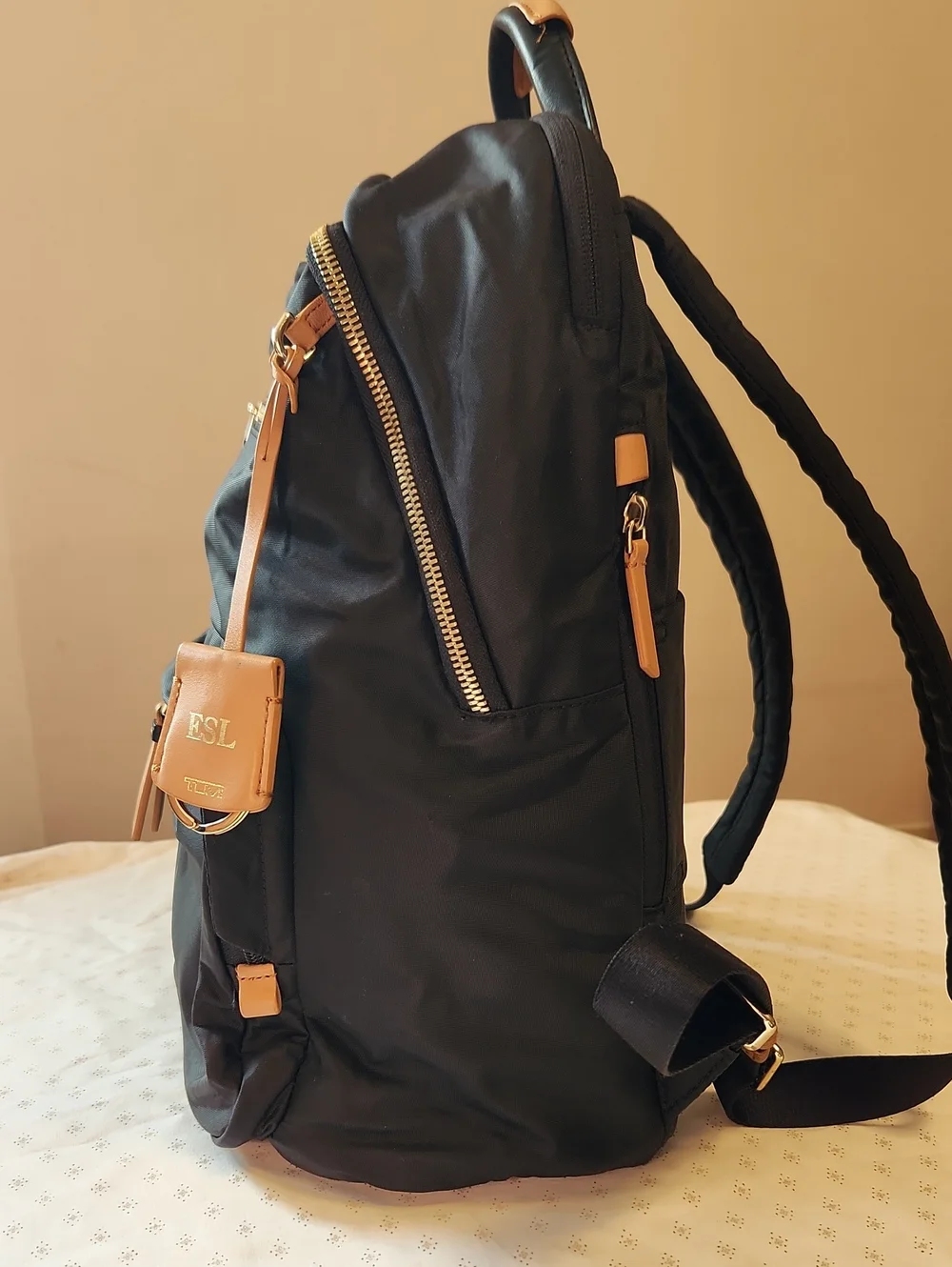 Tumi Voyager Harper Black Backpack with Tan Leather Accents